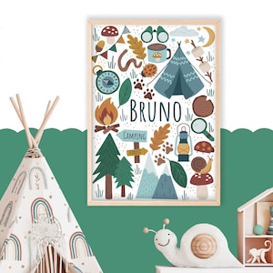 Avventura in campeggio - Stampa personalizzata per bambini, decorazione murale per la cameretta dei bambini, regalo personalizzato per bambini, decorazione per la sala giochi