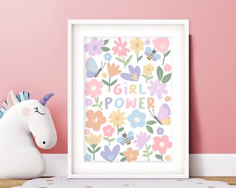 Girl Power - Cute Floral Nursery Poster, Children&#39;s Art Print,Colourful Kids Playroom, Girls Wall Art, Bedroom Decor, Positive, Girlie