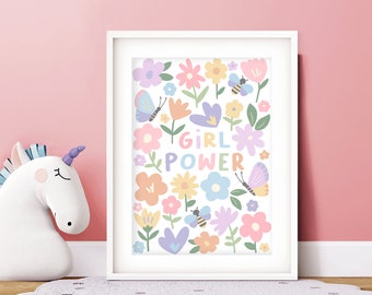 Girl Power - Jolie affiche florale de chambre de bébé, impression d'art pour enfants, salle de jeux colorée pour enfants, art mural pour filles, décoration de chambre à coucher, positif, girlie