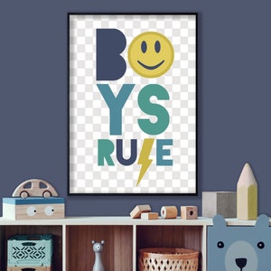 Boys Rule Smiley Face - Lightening Bolt, Boy&#39;s Bedroom, Kid&#39;s Nursery Print, Children&#39;s Playroom Poster