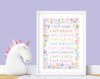 Floral Affirmation Print - Kid&#39;s Personalised Bedroom Print, Custom Wall Art, Girl&#39;s Playroom Print, Children&#39;s Nursery Decor