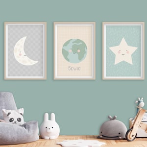 Moon, Stars, Earth -  Set Of Three Personalised Playroom Prints, Children’s Wall Art, Kid’s Playroom Decor, Baby's Nursery Poster