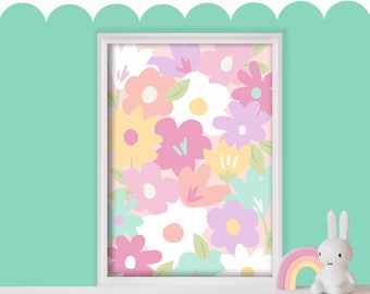 Flower Power - Cute Floral Nursery Poster, Children&#39;s Art Print, Colourful Kids Playroom, Girls Wall Art, Bedroom Decor