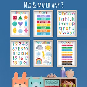 3 láminas educativas - Mezcla y combina - Paquete de láminas - Compra múltiple - Conjuntos de láminas - Arte infantil - Decoración de pared - Aula - Láminas escolares