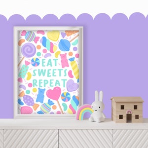 Eat Sweets Repeat - Sweeties, Candy, Girls Bedroom Wall Art, Nursery Poster, Colourful Playroom Decor, Kids Room
