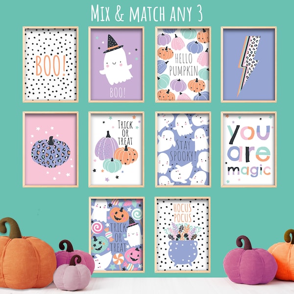Any 3 Halloween Prints - Mix and Match - Print Bundle - Multi Buy - Print Sets - Nursery Art - Kids Wall Decor - Cute Spooky - Pink Pastels