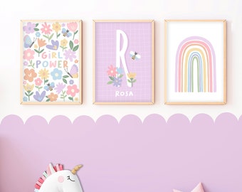 Conjunto de láminas &quot;Girl Power&quot;: láminas coloridas para habitación infantil, decoración floral para dormitorio infantil, arte mural para sala de juegos infantil, nombre personalizado