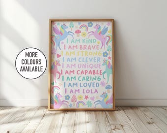 Personalised unicorn affirmation print: pastel nursery decor