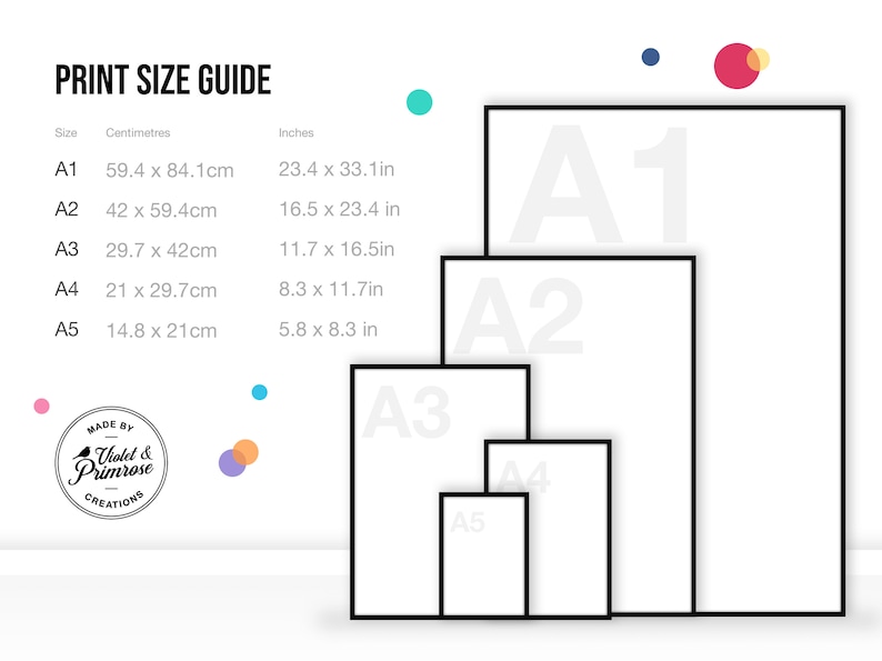 May include: A chart showing the different sizes of paper, labeled A1 through A5, with measurements in inches and centimeters. The chart is on a white background with colorful dots.