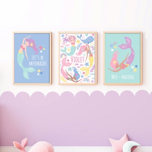 Personalised Mermaid Print Set - Kids Bedroom Poster, Children’s Playroom Print, Nursery Wall Art, Girl’s Bedroom Decor
