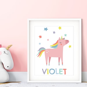 Impresión de unicornio personalizada: arte de pared para dormitorio de niña, póster personalizado para guardería, decoración colorida para sala de juegos, póster infantil, adorable para niña.