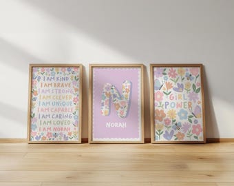 Floral nursery print set: personalised name, affirmation, girl power art