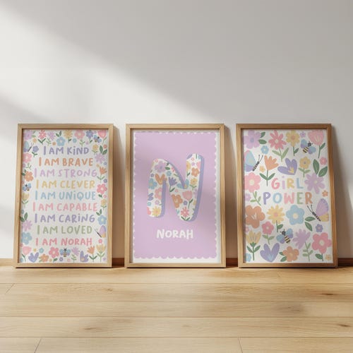 Juego de láminas florales para habitación infantil: nombre personalizado, afirmación, arte de empoderamiento femenino.