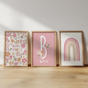 Girl power print set: floral nursery decor, personalised initial art
