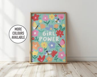 Girl power floral nursery print: colourful kids wall art