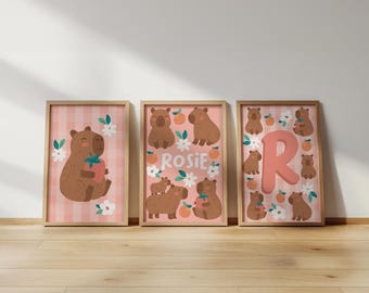 Personalised capybara print set: girls bedroom wall art