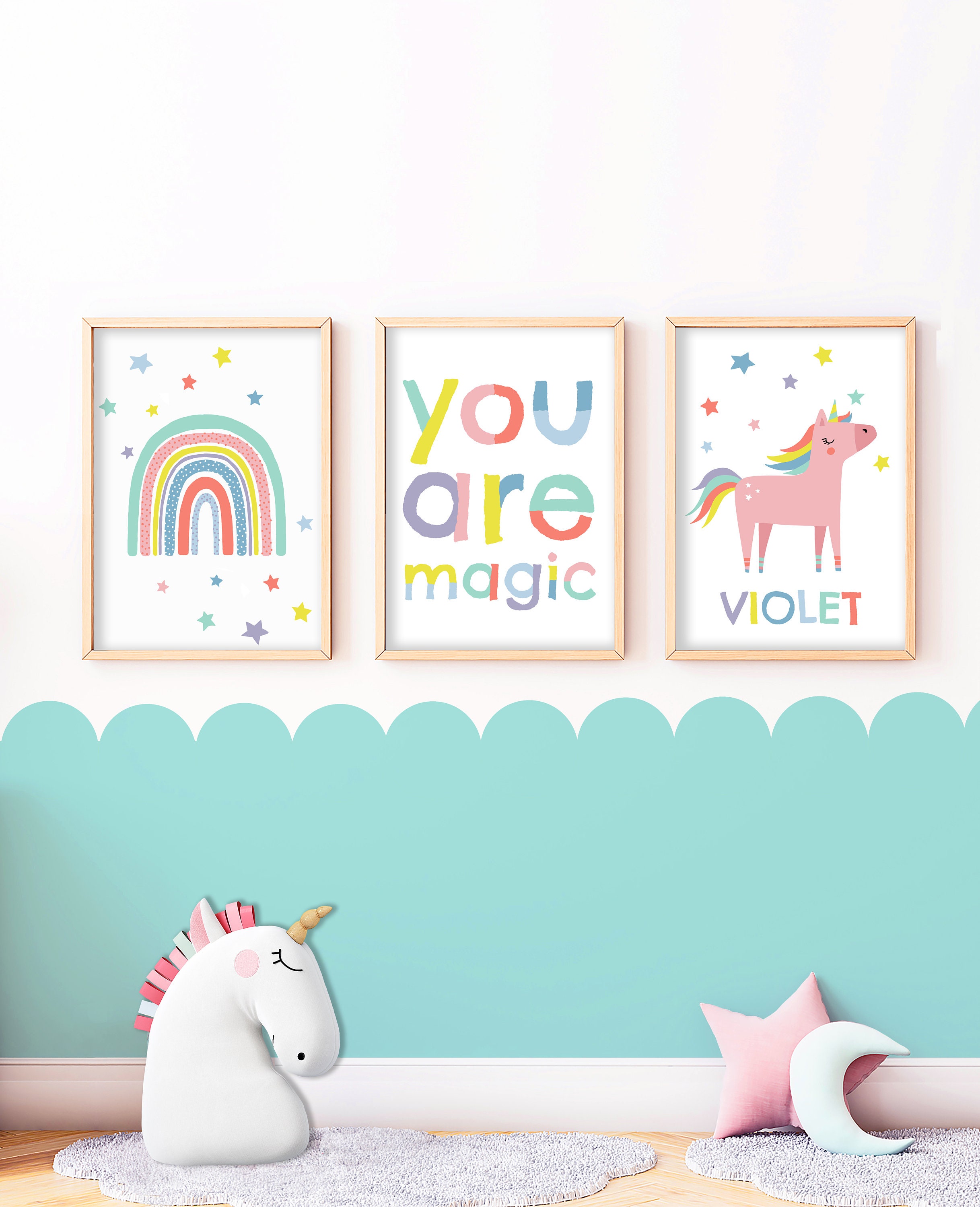 Rainbow, Unicorn, You Are Magic Set Of Three - Colourful Nursery Prints, Girls Bedroom Decor, Playroom Wall Art, Custom Personalised Name