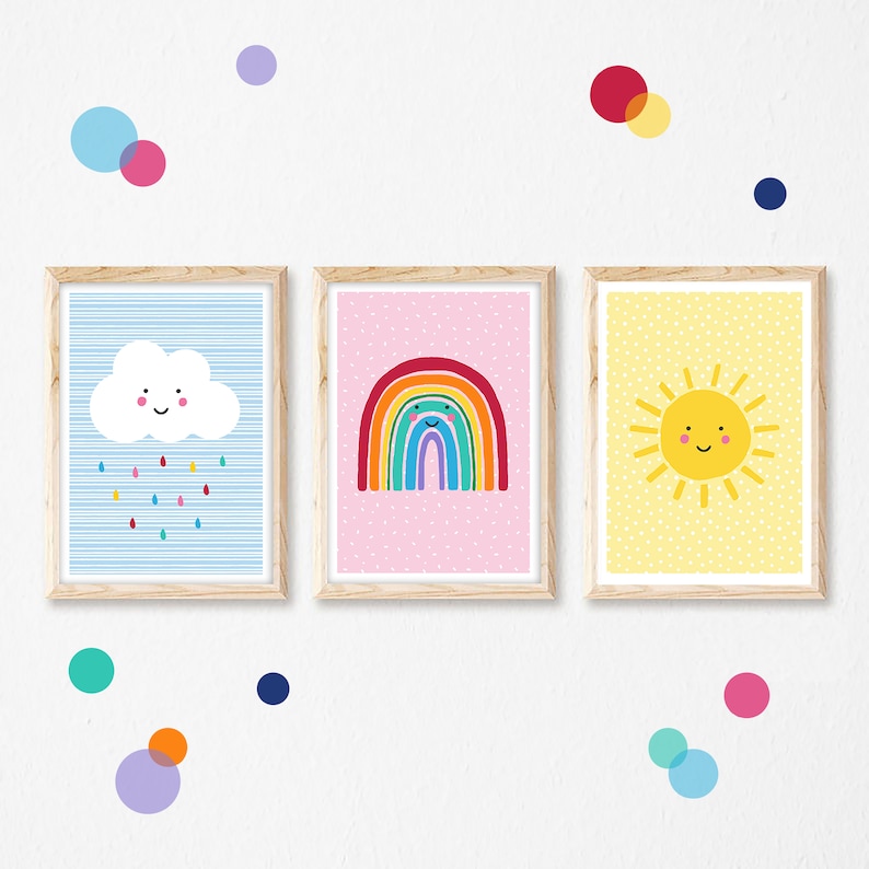 Rainbow, Cloud and Sunshine Set Of Three Colourful Weather Playroom Prints, Childrens Wall Art, Kids Playroom Decor image 2