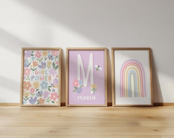 Girl power print set: floral nursery decor, personalised initial art