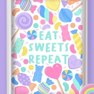 Eat Sweets Repeat Sweeties, Candy, Mädchen Schlafzimmer Wandkunst, Kinderzimmer Poster, Bunte Spielzimmer Dekor, Kinderzimmer Bild 2