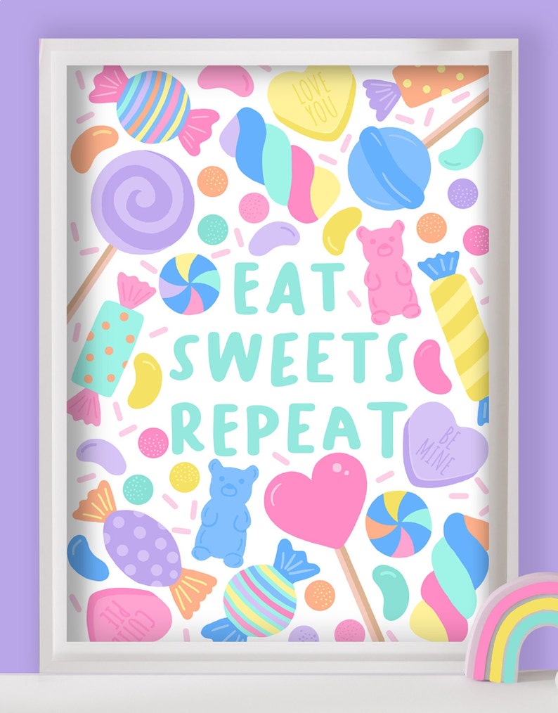 Eat Sweets Repeat Sweeties, Candy, Mädchen Schlafzimmer Wandkunst, Kinderzimmer Poster, Bunte Spielzimmer Dekor, Kinderzimmer Bild 2
