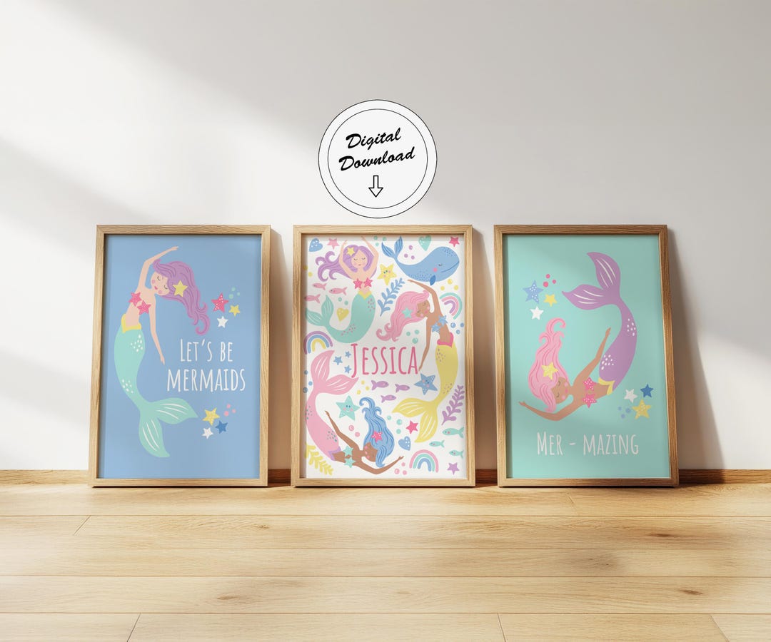Personalised Mermaid Print Set: Kids Nursery Decor (digital Download ...