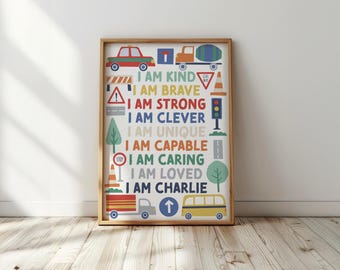 Personalised transport affirmation print: kids nursery decor