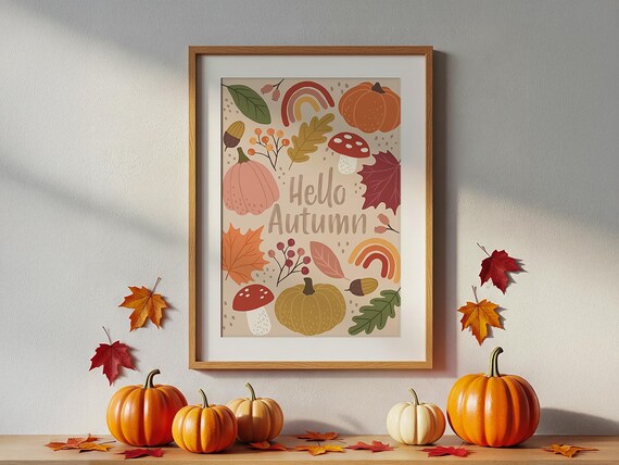Hello autumn - autumn print, pumpkin, toadstool, wall decor, fall poster