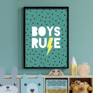 Boys Rule Lightening Bolt - Boys bedroom, Gallery Wall Art, Playroom Print, Nursery Decor