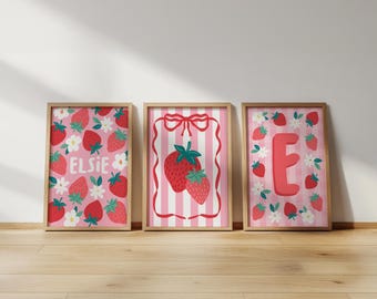 Personalised strawberry print set: girls bedroom wall art