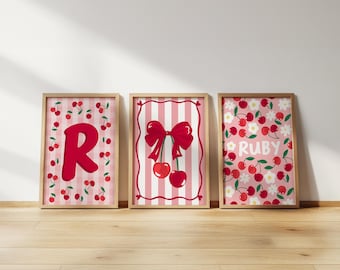 Personalised cherry print set: girls bedroom wall art