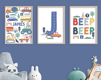 Personalised Set Of Three Transport Prints - Colourful Playroom Prints, Children’s Wall Art, Kid’s Playroom Decor, Toddler Nursery Posters