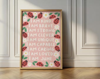 Personalised ladybug affirmation print: nursery wall art