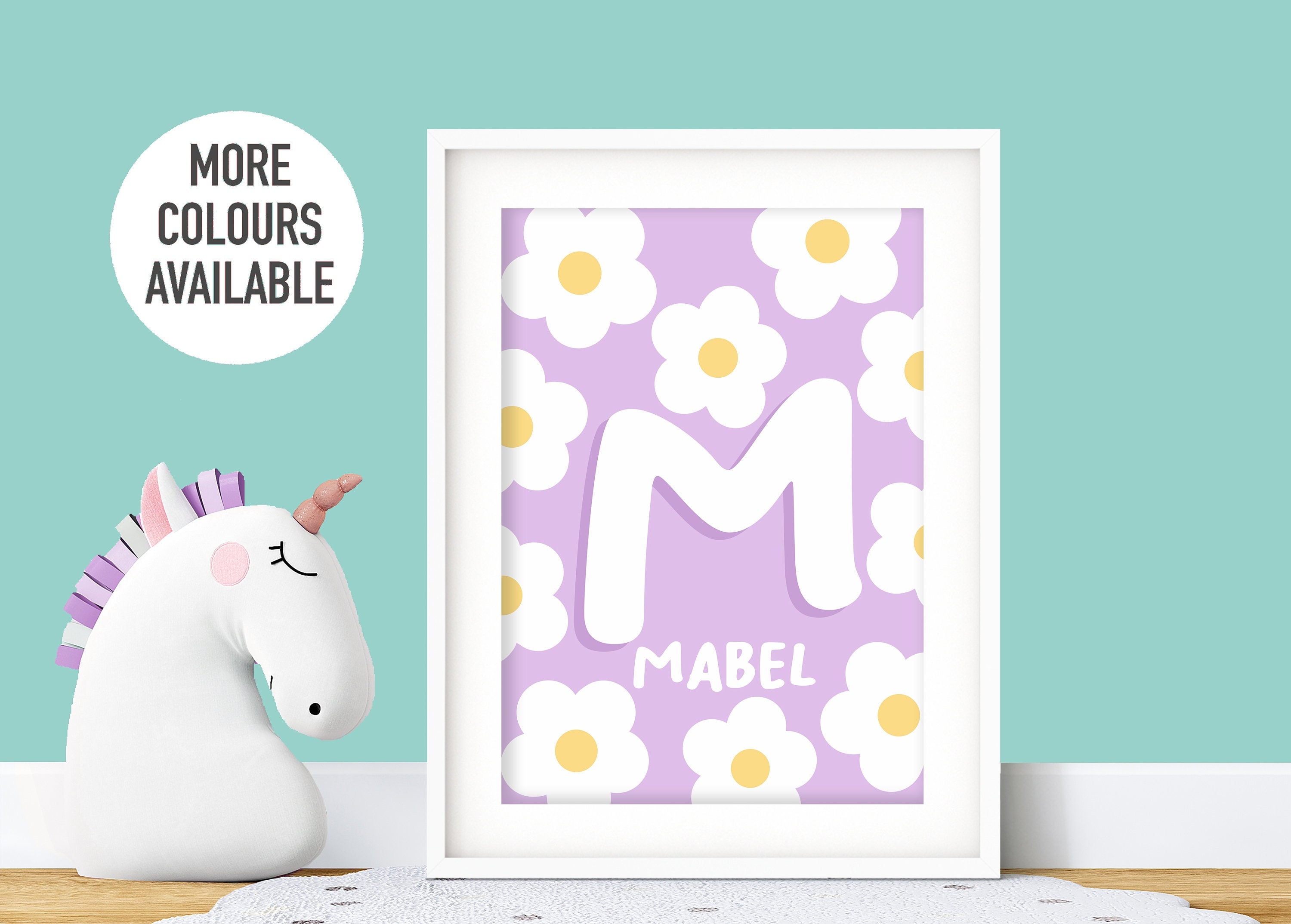 Name and Initial Print - Personalised Floral Daisy Print, Custom Kids Bedroom Decor, Nursery Wall Art, Pretty Playroom Print, Girl’s Room