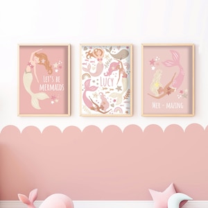 Personalised Mermaid Print Set - Kids Bedroom Poster, Children’s Playroom Print, Nursery Wall Art, Girl’s Bedroom Decor