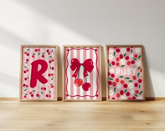Personalised cherry print set: girls bedroom wall art