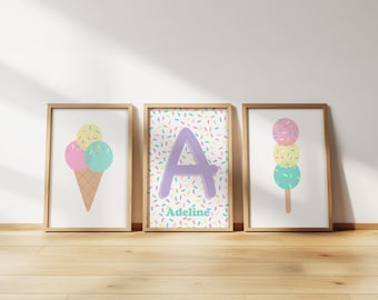 Personalised ice cream sprinkles print set - kids bedroom poster, children’s playroom wall art