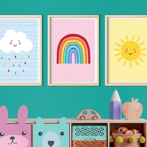 Rainbow, Cloud and Sunshine Set Of Three - Colourful Weather Playroom Prints, Children’s Wall Art, Kid’s Playroom Decor