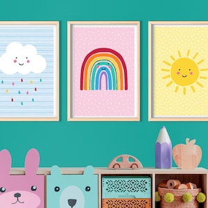 Regenbogen, Wolken und Sonnenschein 3er-Set - Buntes Wetter-Spielzimmerdrucke, Kinderwandkunst, Kinderspielzimmerdekor