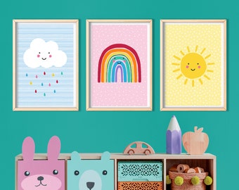 Conjunto de tres: Arcoíris, Nubes y Sol - Láminas coloridas para el cuarto de juegos, arte mural infantil, decoración infantil