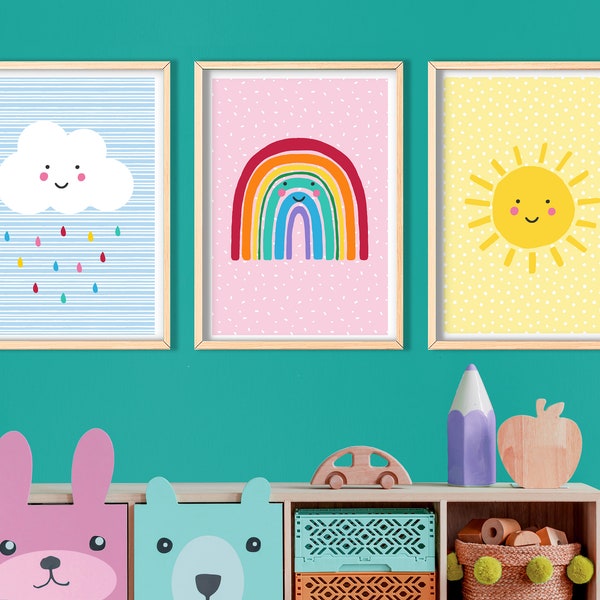 Rainbow, Cloud and Sunshine Set Of Three - Colourful Weather Playroom Prints, Children’s Wall Art, Kid’s Playroom Decor