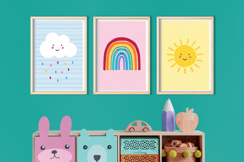 Rainbow, Cloud and Sunshine Set Of Three Colourful Weather Playroom Prints, Childrens Wall Art, Kids Playroom Decor image 1