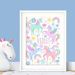 Personalised Unicorns Print- Girls Bedroom Wall Art, Custom Nursery Poster, Colourful Playroom Decor, Kids Poster, Girlie Cute