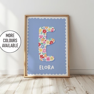 Floral initial print - custom name, kids bedroom decor, nursery wall art, girl's colourful playroom