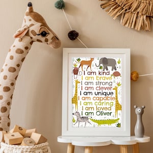 Tier Safari Affirmation Druck - Kinder personalisierte Schlafzimmer Druck, benutzerdefinierte Wandkunst, Spielzimmer Druck, Kinderzimmer Dekor