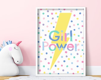 Girls Power - Lightening Bolt, Children's Print, Colourful Kids Playroom, Girls Wall Art, Bedroom Decor, Positive, Girlie, Fun, Girls Rule