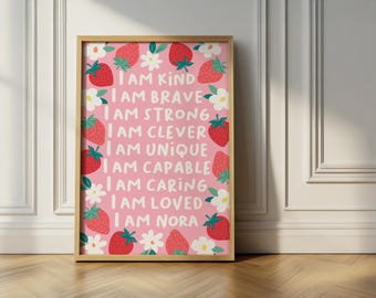 Personalised strawberry affirmation print: nursery wall art