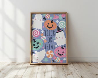 Trick or treat - cute ghost, pastel halloween, poster print, wall art