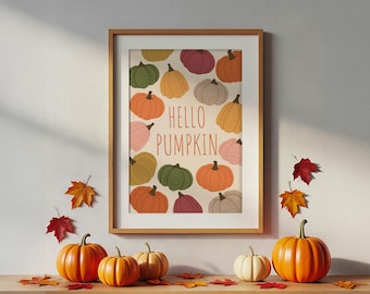 Hello pumpkin - cute ghost, pastel halloween, poster print, wall art