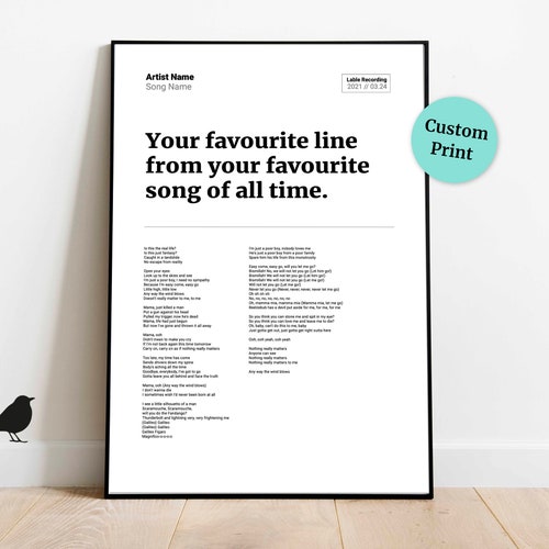 Custom Song Print, Your Song Print, Printable Lyric Wall Art, Personalised Anniversary Gift, Custom Band Poster, Song Wall Art